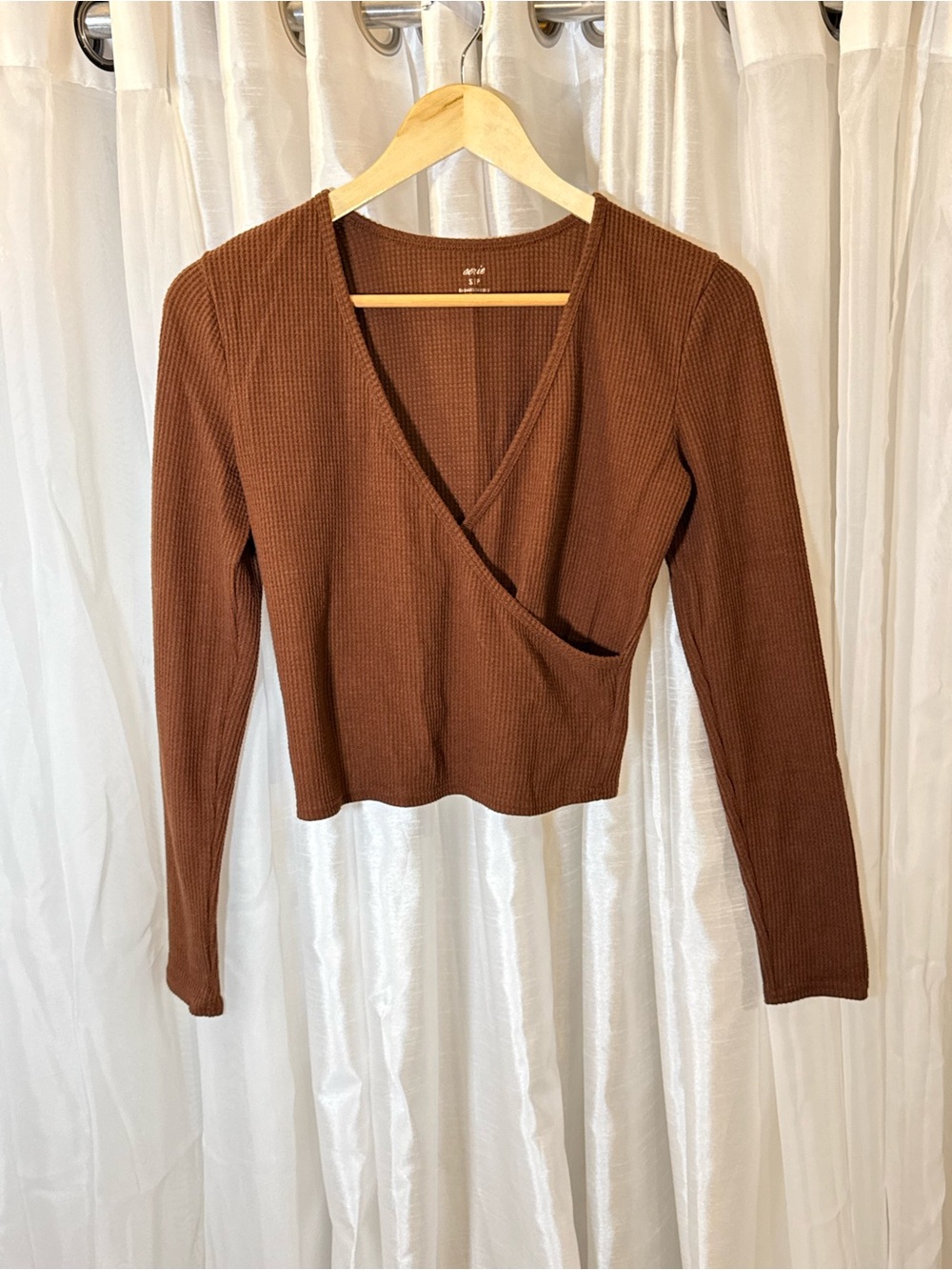 aerie Brown Ribbed Wrap-Front Long Sleeve Top